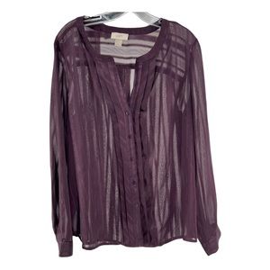 Loft Plum gold metallic sheer long sleeve button up blouse casual wedding work L